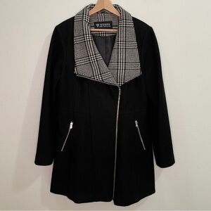 Guess Fit & Flare Houndstooth Plaid Collar Wool Blend Coat - Black